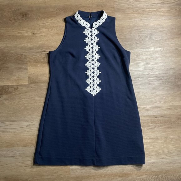 Lilly Pulitzer Callista Shift Dress XL true navy blue white mini high collar zip - Picture 8 of 13